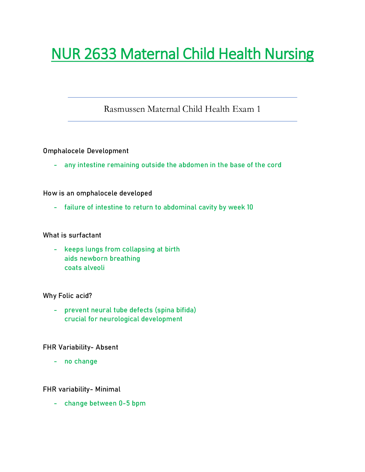 NUR 2633 / NUR2633 Maternal Child Health Nursing Exam 1 Updated- Rasmussen